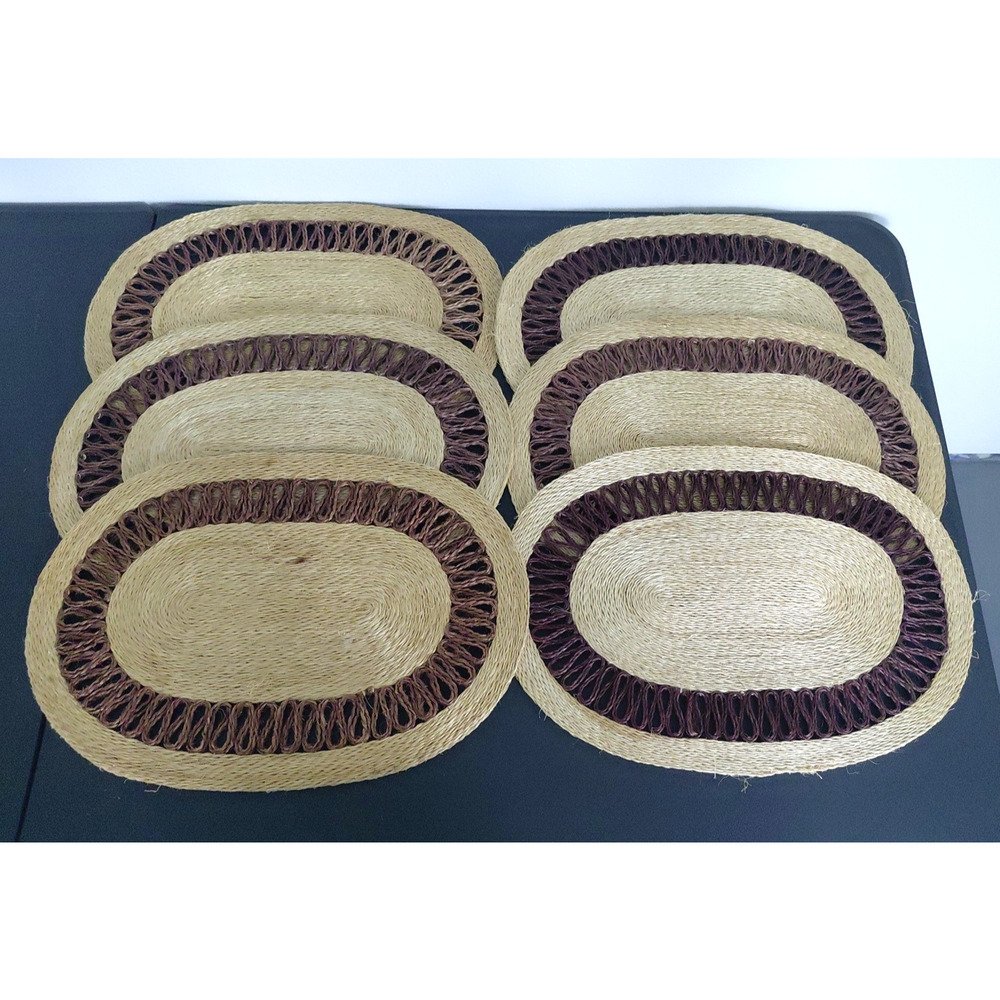 6 Vintage Oval Woven Raffia Straw ABACA Placemats Trivets Retro 18X13” Boho Kane
